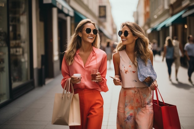 Due belle donne che fanno shopping in città.