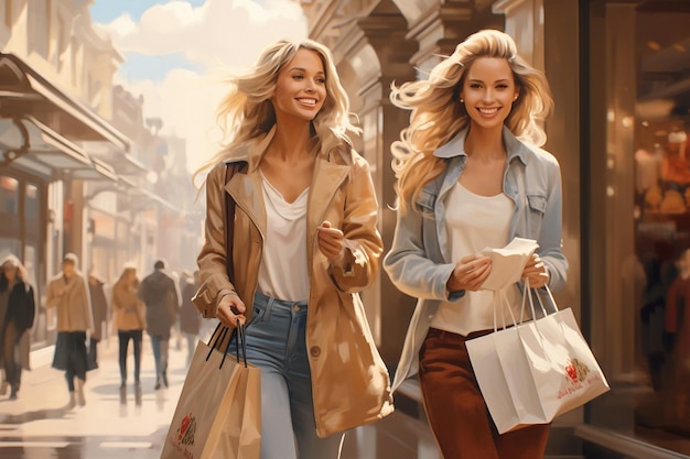 Due belle donne che fanno shopping in città.