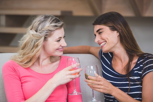 Due belle donne che tengono bicchiere di vino e che parlano nel salone