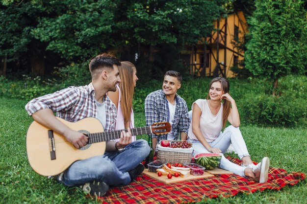 Due belle donne con due ragazzi seduti in un parco su un tappeto di coperta con la chitarra