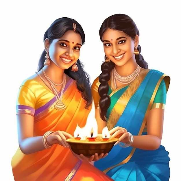 Due belle donne in saree che illuminano e tengono in mano una lampada ad olio illustrazione vettoriale