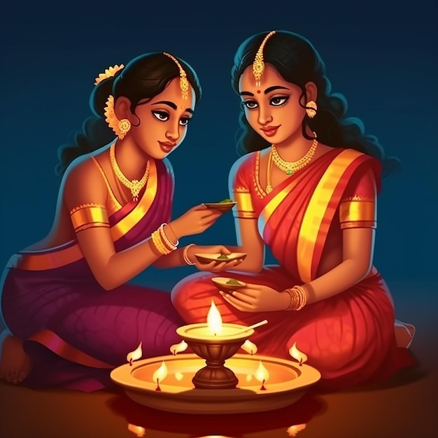 Due belle donne in sari che accendono una lampada ad olio nella notte di Diwali
