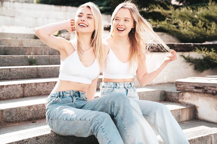 Foto due belle giovani donne sorridenti in abiti estivi alla moda all'aperto