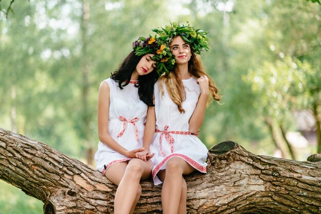 Due belle ragazze in abiti etnici seduto sul ramo di un albero.