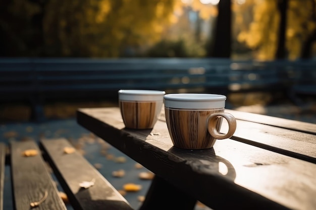 Due belle tazze di caffè sulla panchina del parco IA generativa