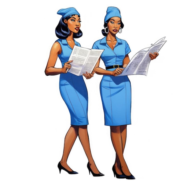Due bellissime hostess in uniforme blu