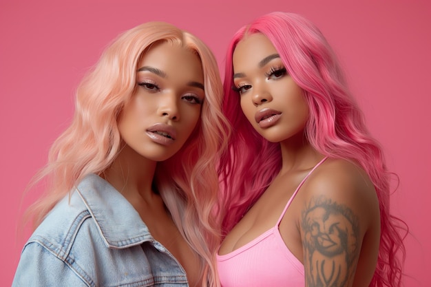 Due bellissime modelle afroamericane con i capelli rosa. Colorazione dei capelli da salone di bellezza.