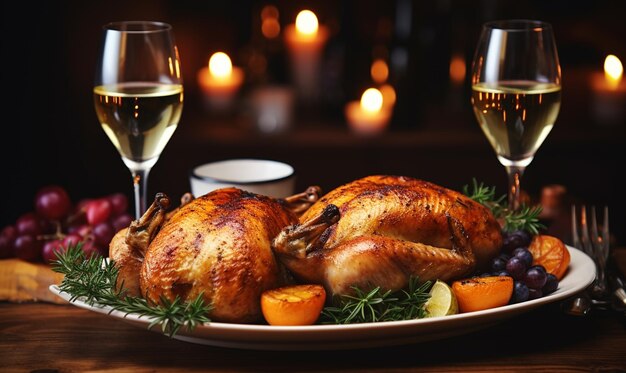 Due bellissimi bicchieri di vino in piedi sul tavolo da pranzo sullo sfondo di un Natale decorato