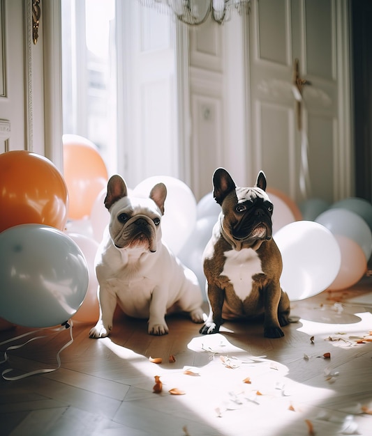 Due bellissimi bulldog francesi in un classico interno di lusso con palloncini e decorazioni Generative Ai