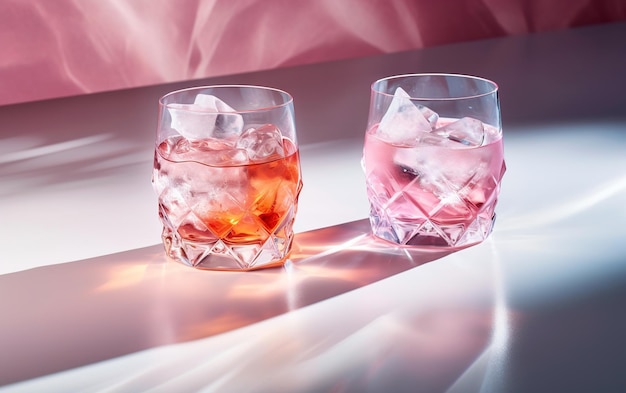 Due bellissimi cocktail rosa con luce a contrasto e copia spazio