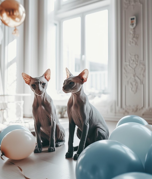 Due bellissimi gatti in un lussuoso interno classico con palloncini e decorazioni Generative Ai