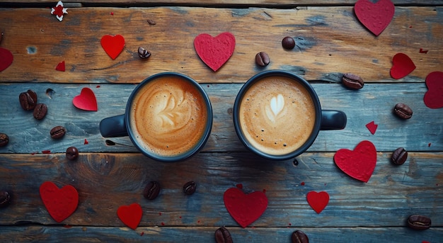 due bevande al caffè in cima a un tavolo di legno con cuori di Valentino