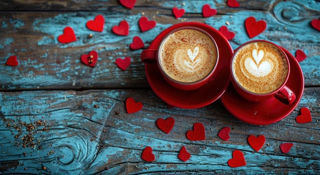 due bevande al caffè sopra un tavolo di legno con cuori di San Valentino