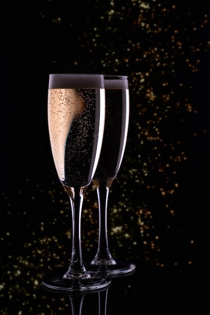 Due bicchieri con champagne su sfondo bokeh