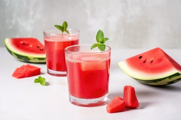 Due bicchieri con succoso cocktail di anguria fresca con menta e ghiaccio su fondo bianco della cucina