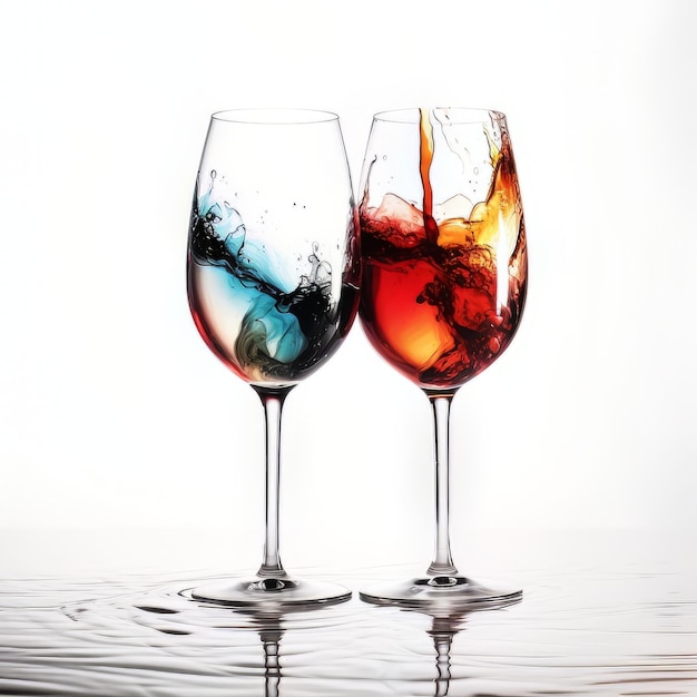 Due bicchieri da vino con diversi colori di liquido e uno blu e rosso.