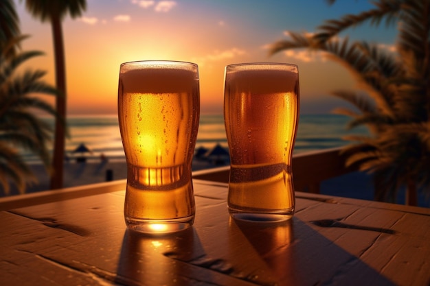 Due bicchieri di birra serale palme di mare