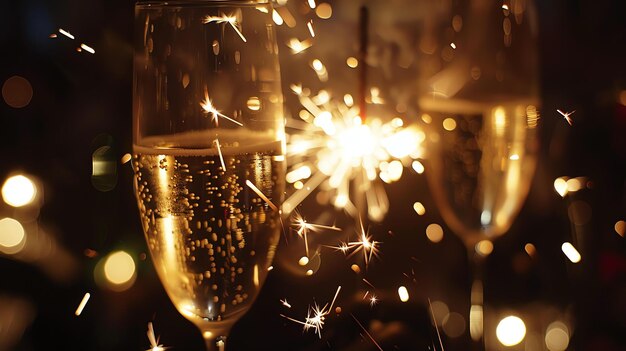 Due bicchieri di champagne con scintillanti su uno sfondo scuro l'immagine è perfetta per la vigilia di Capodanno o qualsiasi occasione speciale