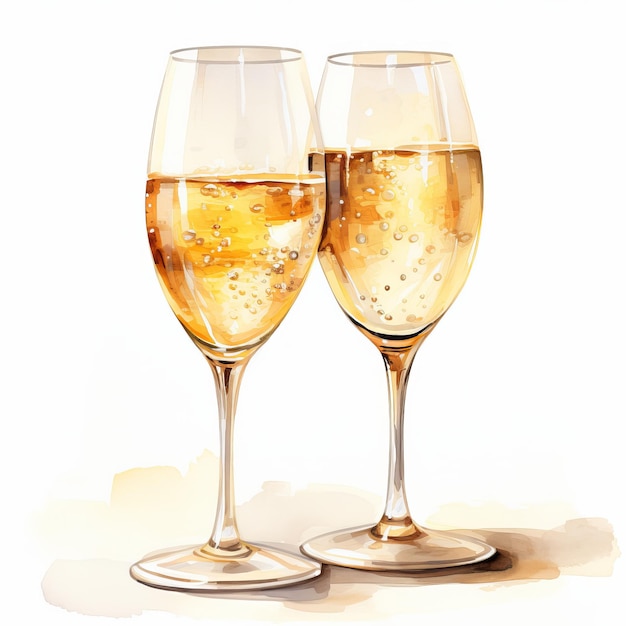 Due bicchieri di champagne con spruzzi isolati su uno sfondo bianco Illustrazione ad acquerello