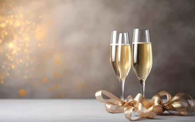 Due bicchieri di champagne con un nastro d'oro su un tavolo.