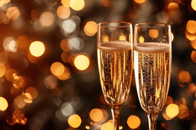 Due bicchieri di champagne seduti l'uno accanto all'altro su un tavolo che riflette la luce Un brindisi allo champagne a mezzanotte della vigilia di Capodanno Generato dall'IA