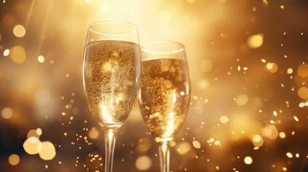 Due bicchieri di champagne su macchie sfocate sullo sfondo delle luci Concetto di celebrazione AI