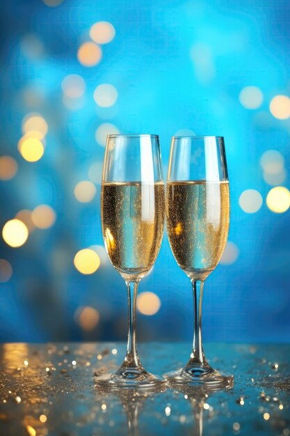 Due bicchieri di champagne su sfondo di colore blu bambino di fuochi d'artificio con spazio vuoto celebrazione del matrimonio AI generativa