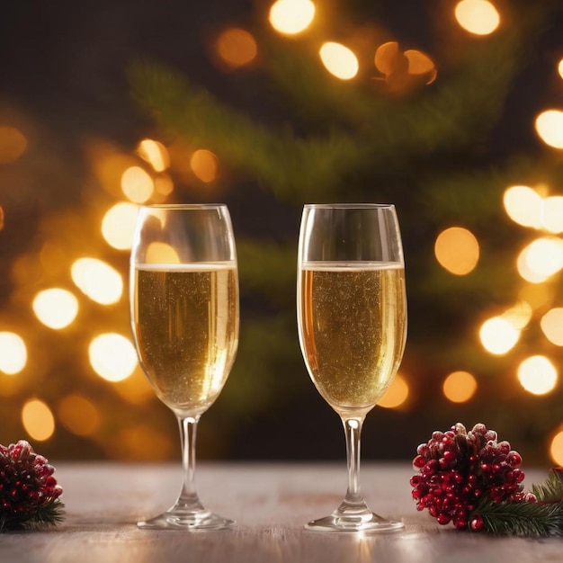Due bicchieri di champagne su un tavolo di legno con le luci di Natale che illuminano la scena