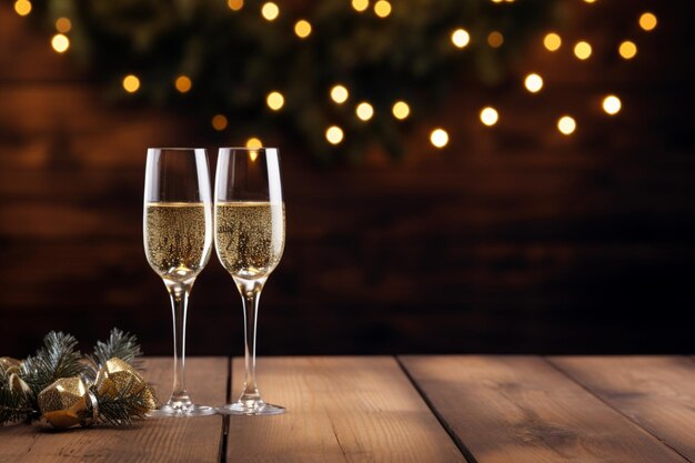 Due bicchieri di champagne su uno sfondo sfocato di luci di Natale