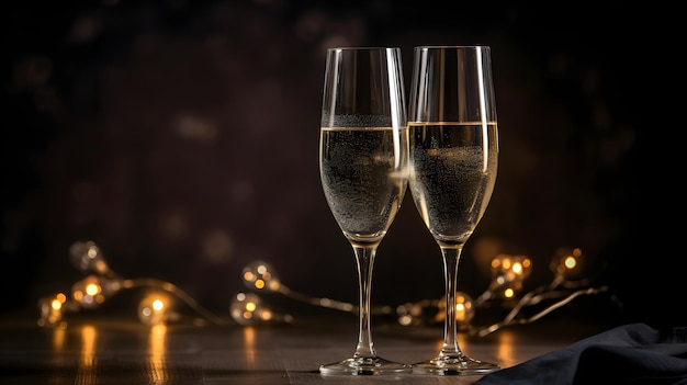Due bicchieri di champagne sul tavolo in un ambiente buio Rete neurale generata nel maggio 2023 Non basata su scene o schemi reali