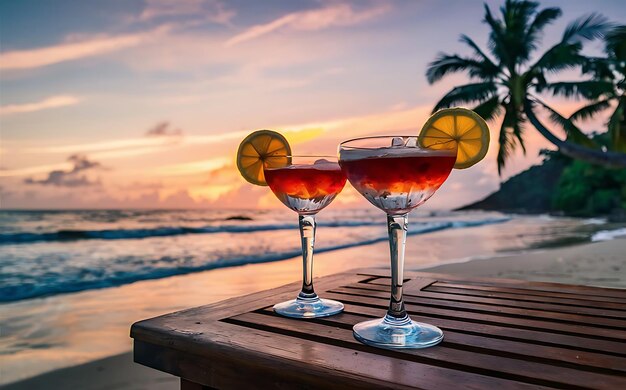 Due bicchieri di cocktail con ghiaccio e limone sulla spiaggia al tramonto.