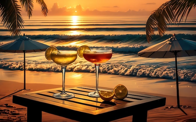 Due bicchieri di cocktail con ghiaccio e limone sulla spiaggia al tramonto.