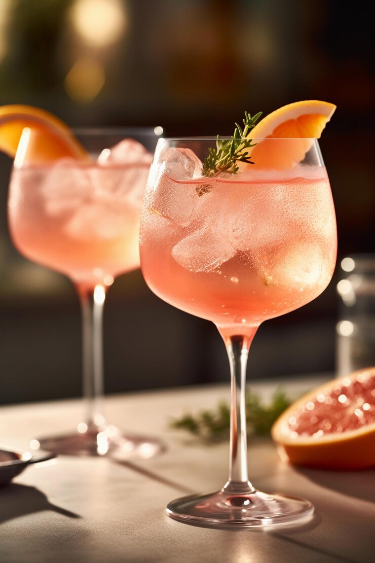 Due bicchieri di cocktail rosa con un rametto di rosmarino sul lato.