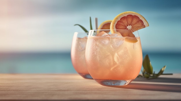 Due bicchieri di cocktail rosa con una spiaggia sullo sfondo.