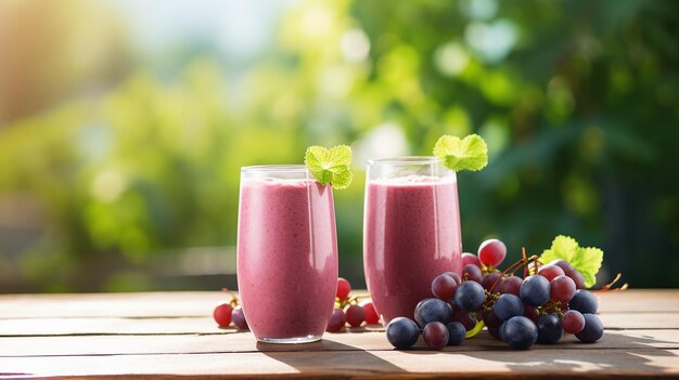 Due bicchieri di delizioso frullato d'uva sul tavolo all'aperto al mattino