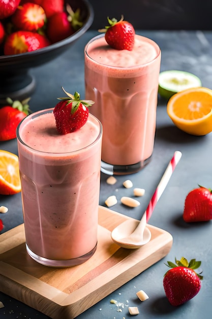 Due bicchieri di frappè alla fragola con una cannuccia rossa e una cannuccia bianca.