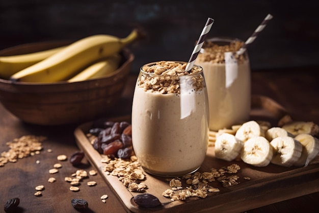 Due bicchieri di frullato di banana con cannucce e una ciotola di banane sul lato.