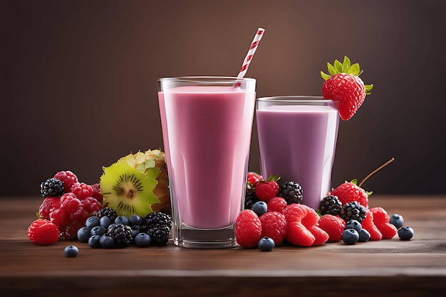 Due bicchieri di frullato di frutti di bosco con frutta fresca sul tavolo di legno