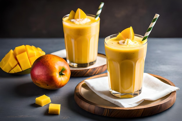 Due bicchieri di frullato di mango con una cannuccia e una fetta di mango sul lato.