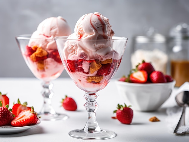 Due bicchieri di gelato alla fragola con fragole in cima e una coppa di gelato sullo sfondo.