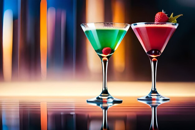 due bicchieri di martini con una fragola e una fragola sul tavolo