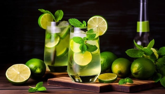 Due bicchieri di mojito al lime con lime su un tavolo di legno