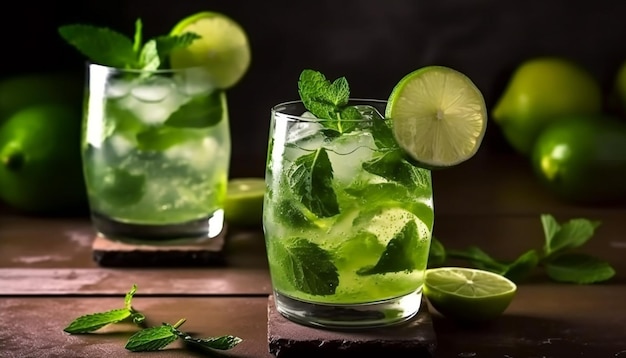 Due bicchieri di mojito con lime su una superficie di legno