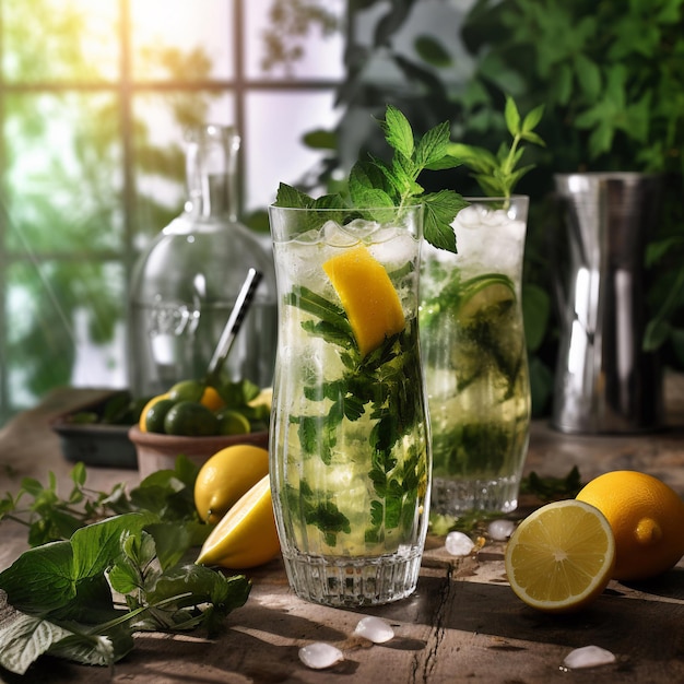 Due bicchieri di mojito con limoni e foglie di menta su un tavolo.