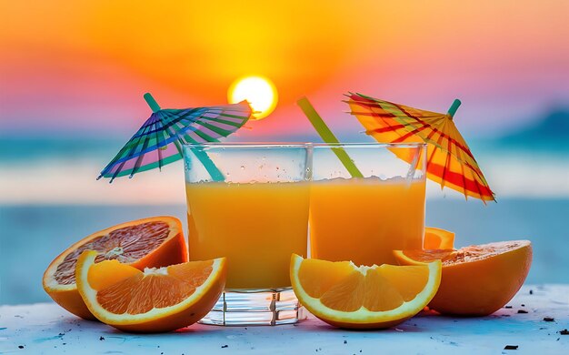 Due bicchieri di succo d'arancia fresco sulla spiaggia al tramonto. Focalizzazione selettiva.