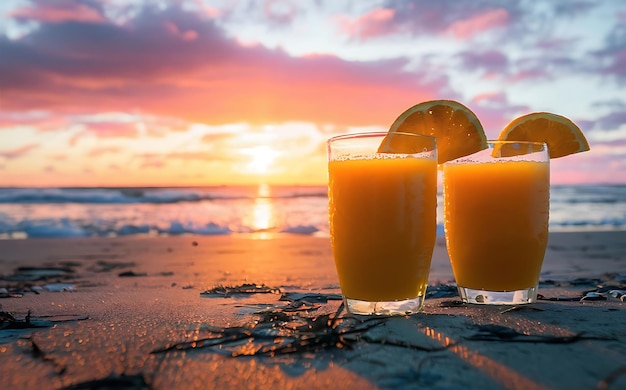 Due bicchieri di succo d'arancia fresco sulla spiaggia al tramonto. Focalizzazione selettiva.