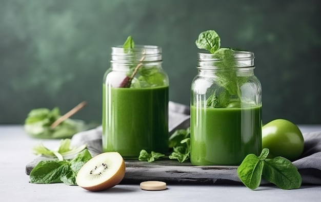 Due bicchieri di succo verde con una mela verde sul lato.