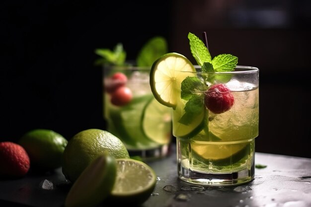 Due bicchieri di un cocktail con lime e lampone sul lato