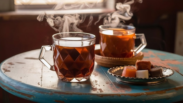Due bicchieri di vetro a sfaccettature su un tavolo di legno con la tradizionale bevanda indiana masala chai