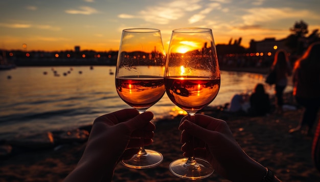 Due bicchieri di vino alzati in brindisi al tramonto sulla spiaggia